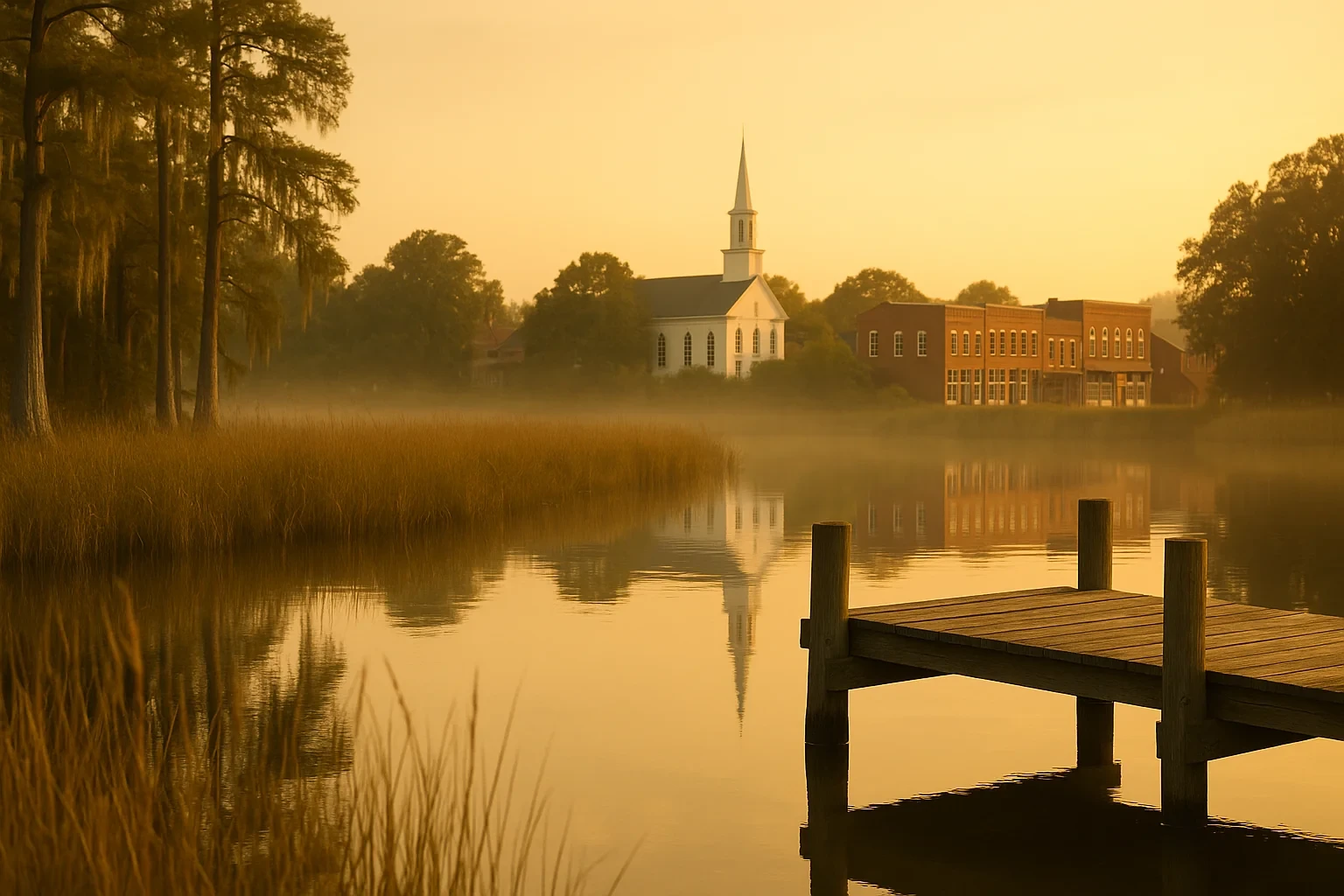 Misty sunrise over a calm river with a white church steeple and historic brick downtown buildings in Smithfield