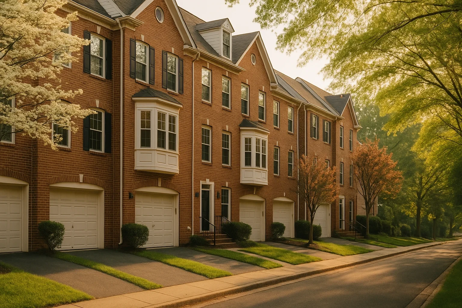 Row of brick townhomes with white garage doors and bay windows along a tree-lined street in Kingstowne