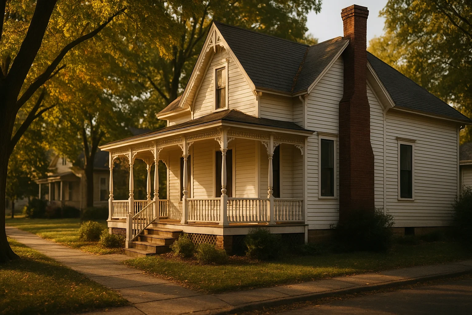 Charming white Victorian home with covered porch and brick chimney in a tree-lined Marion neighborhood