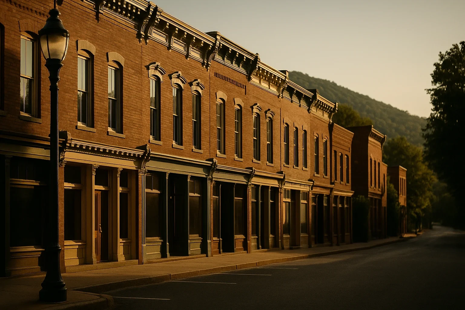Historic brick storefronts line a quiet downtown street at golden hour with forested hills in Front Royal.
