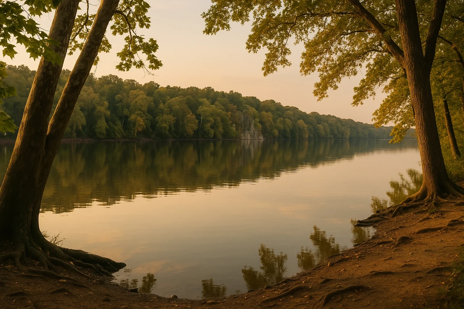 Tranquil lake at sunset framed by trees and forested shoreline near Countryside, reflecting golden sky