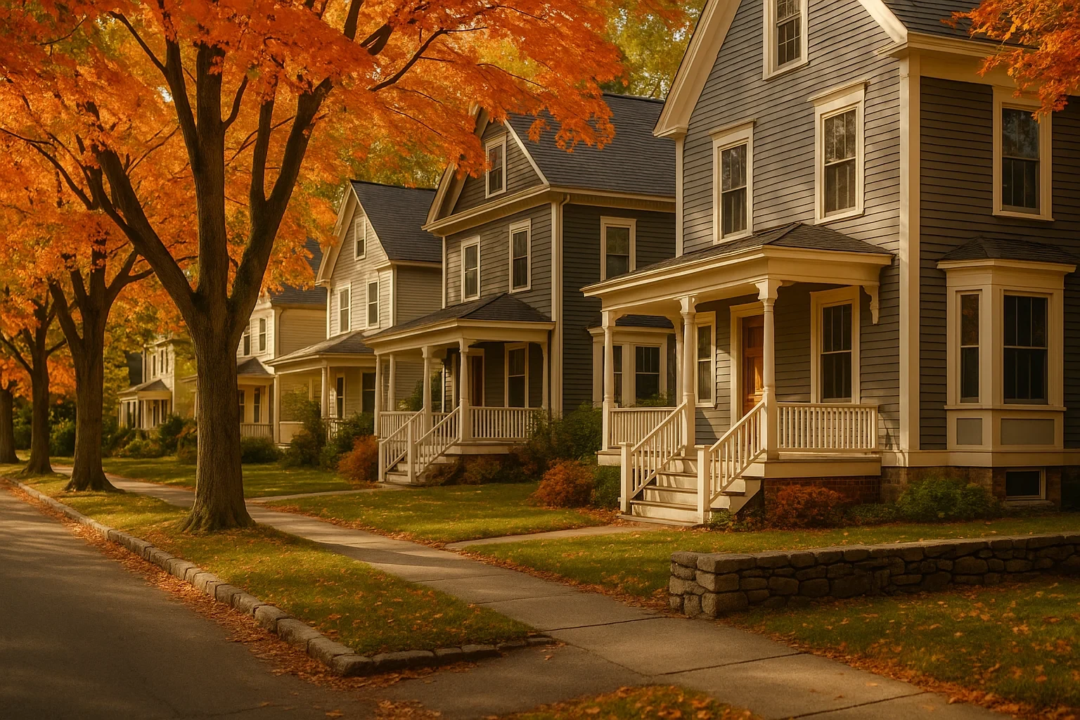 Tree-lined street of classic New England homes with autumn foliage in a Meriden neighborhood