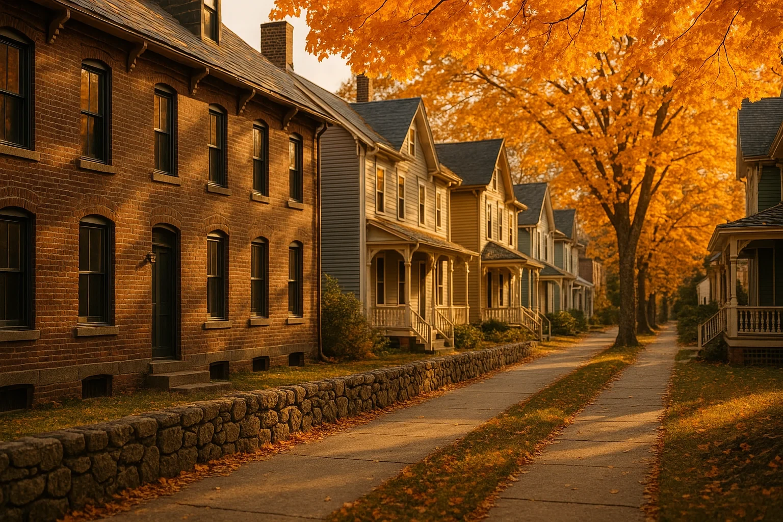 Historic brick and wood-sided homes line a tree-lined street with golden autumn foliage in Rockville.