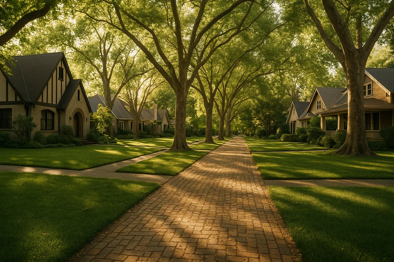 Tree-lined brick pathway through a quiet residential neighborhood with charming homes in Sacramento