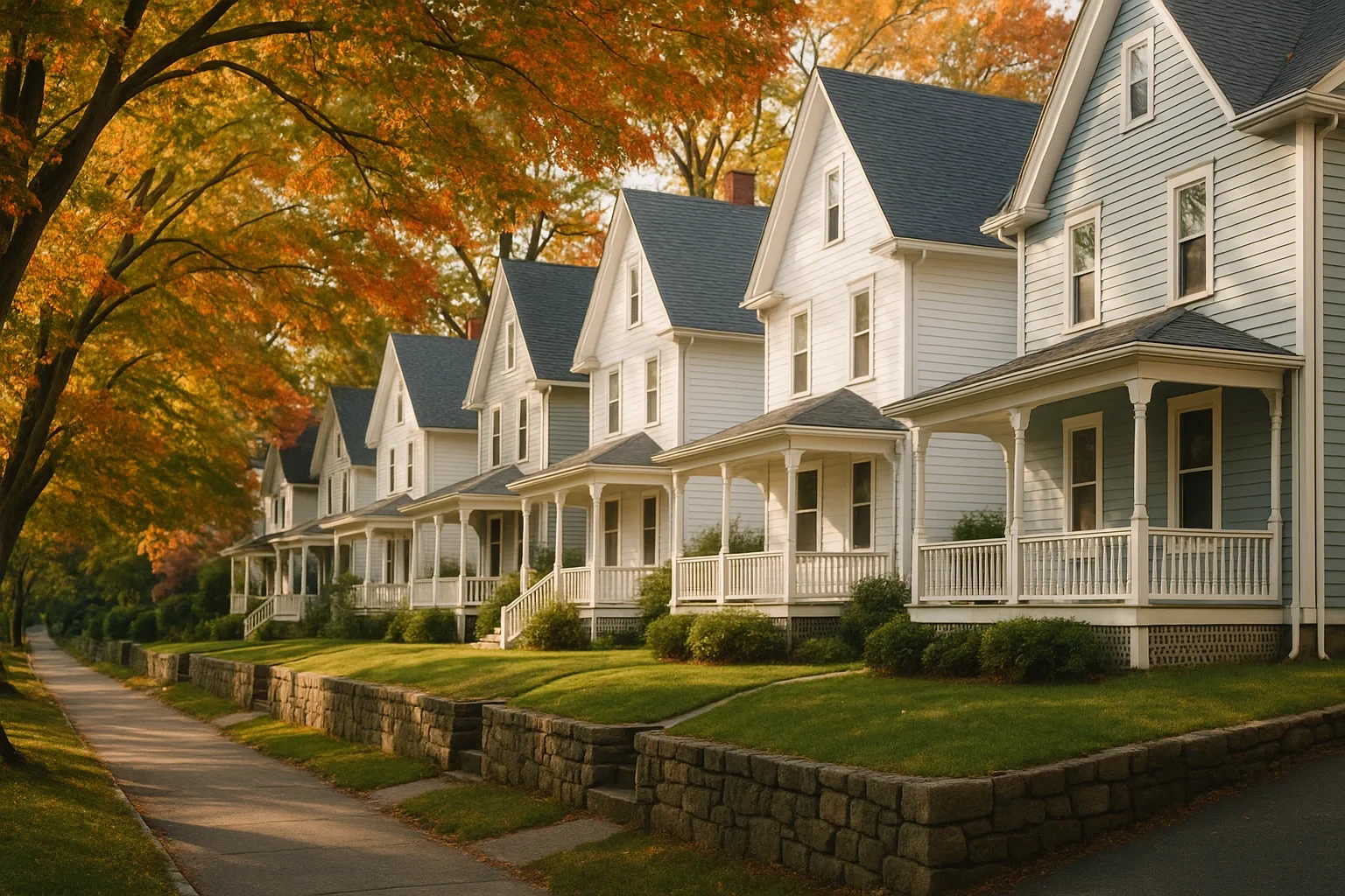 Row of white Victorian homes with porches lining a Bridgeport street under autumn trees in golden light