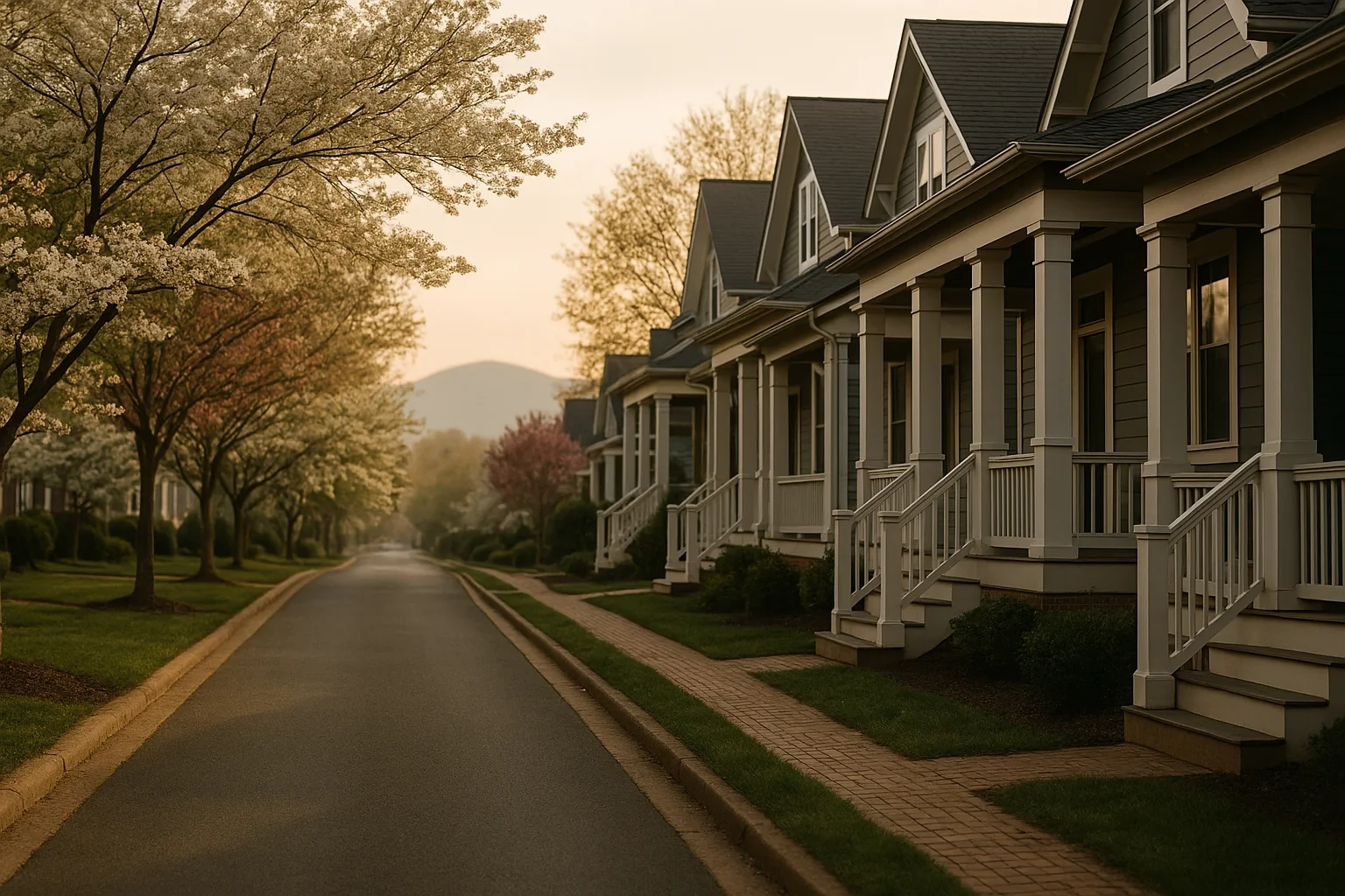 Tree-lined street with covered front porches and blooming spring trees in a Crozet neighborhood at dusk