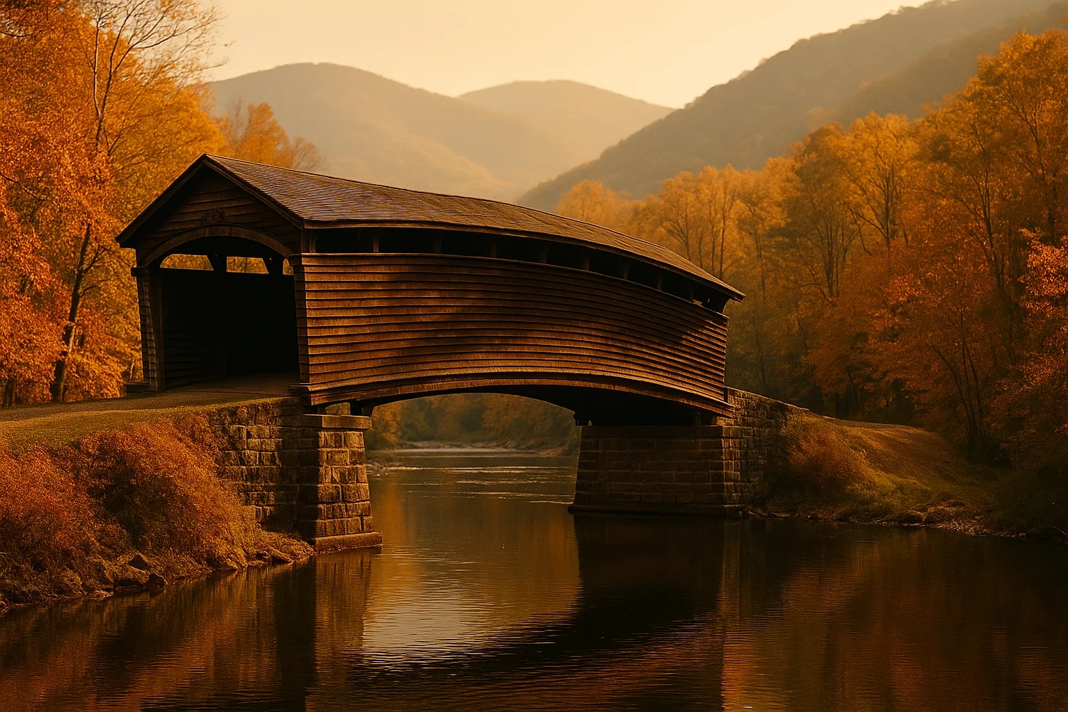 Historic wooden covered bridge spanning a calm river surrounded by autumn foliage and mountains near Covington