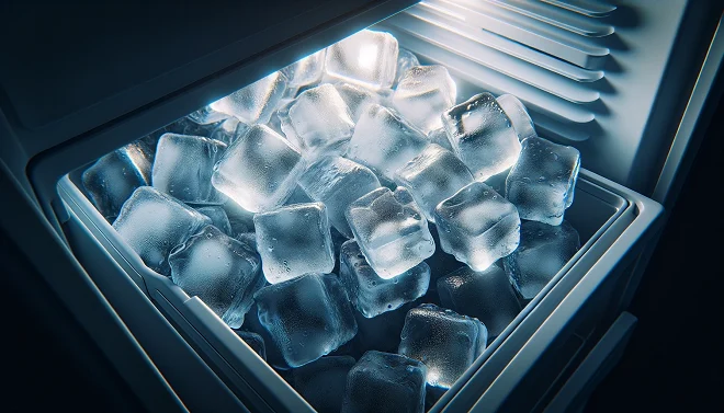 ice bin in a refrigerator full of ice after following ice maker troubleshooting and tips to restore ice production