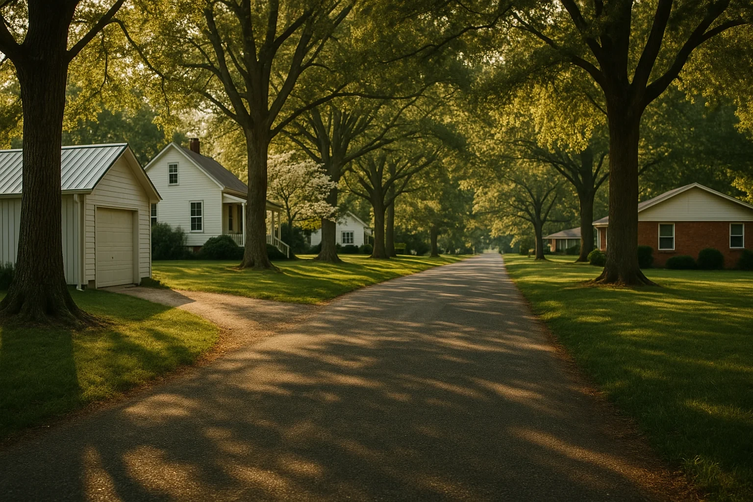 Tree-lined residential street with white houses and shaded lawns in a quiet Mount Hermon neighborhood at golden hour