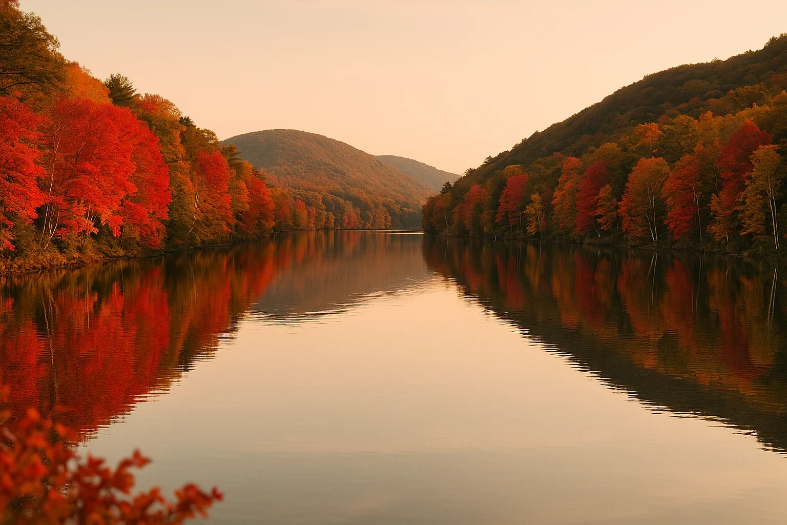 Tranquil lake reflecting vibrant red and orange autumn foliage on rolling hills near Winsted at sunset