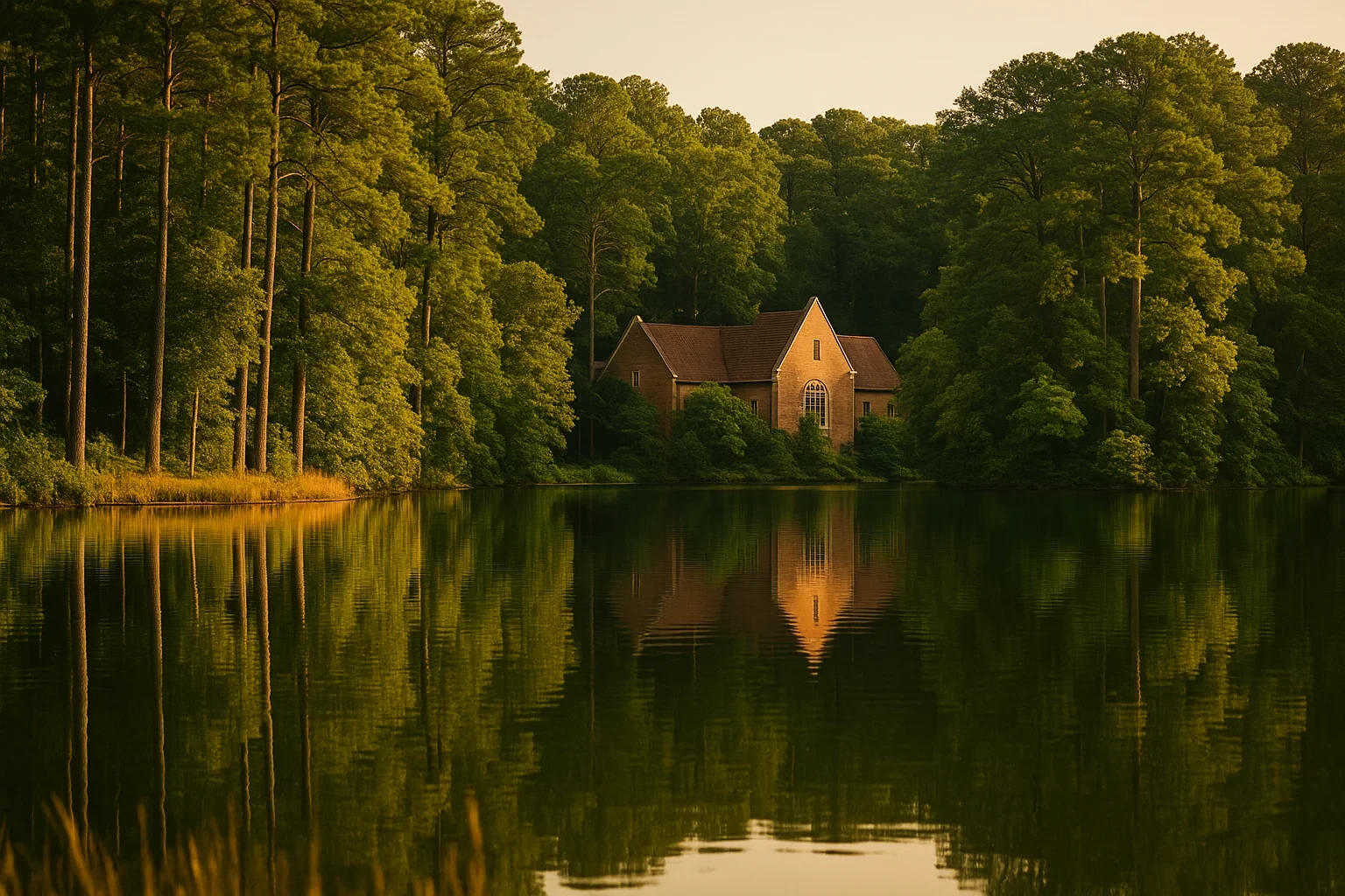 Brick home with steep gable roof nestled among lush green trees reflecting on a calm lake in Newport News
