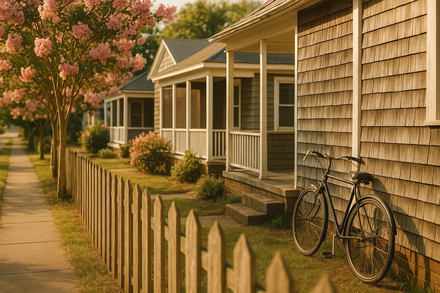 Charming North Shore neighborhood with shingled cottage homes, picket fence, blooming trees, and bicycle at sunset