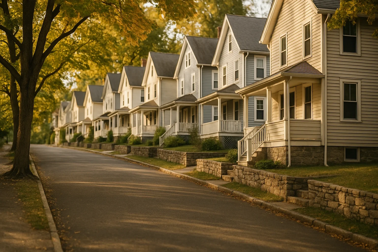 Row of classic wood-sided homes with front porches lining a tree-shaded residential street in Byram at sunset