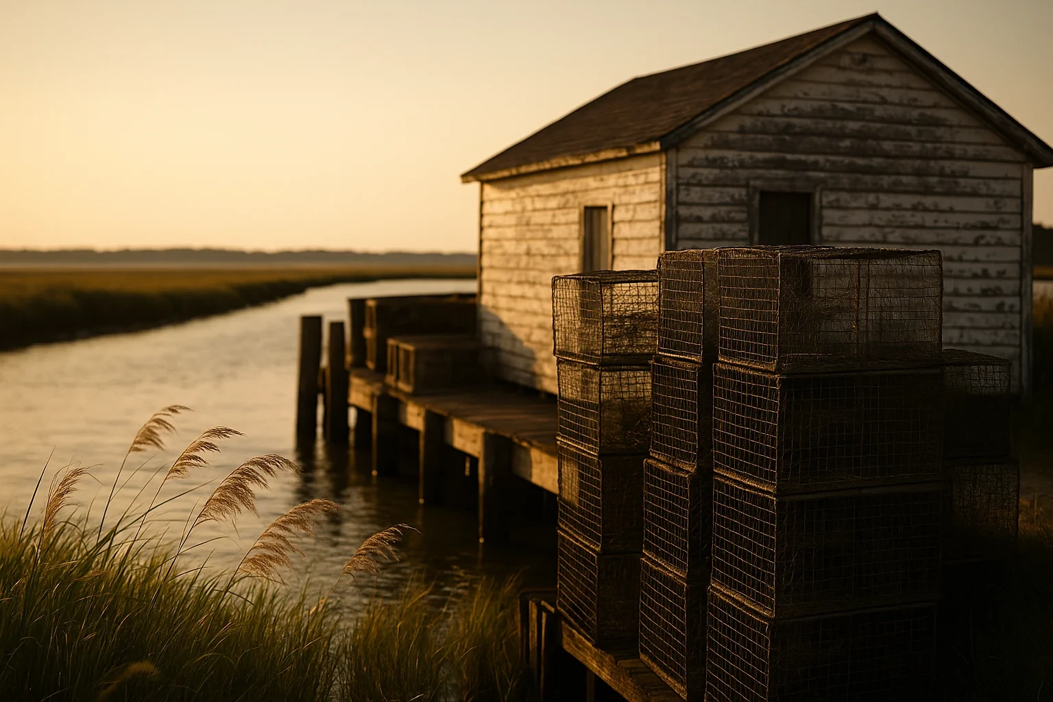 Weathered waterfront fishing shack with stacked crab traps along a marsh dock at sunset in Onley