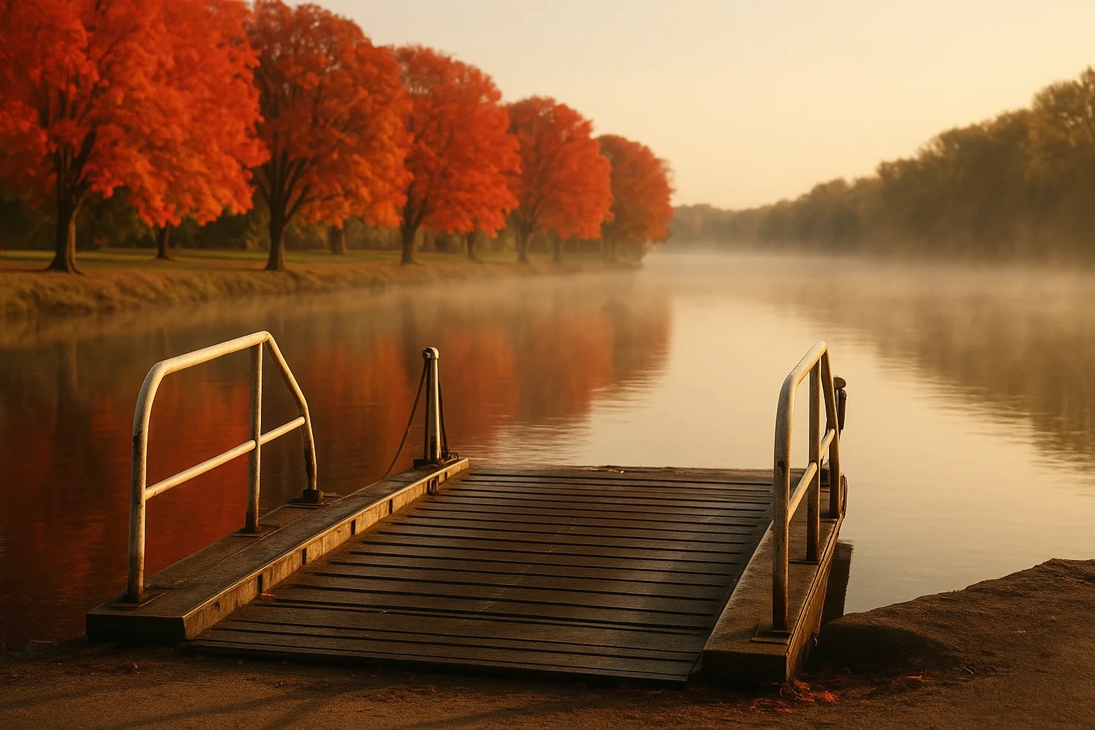 Misty river at sunrise with a wooden dock and vibrant red autumn trees lining the shore in Glastonbury Center