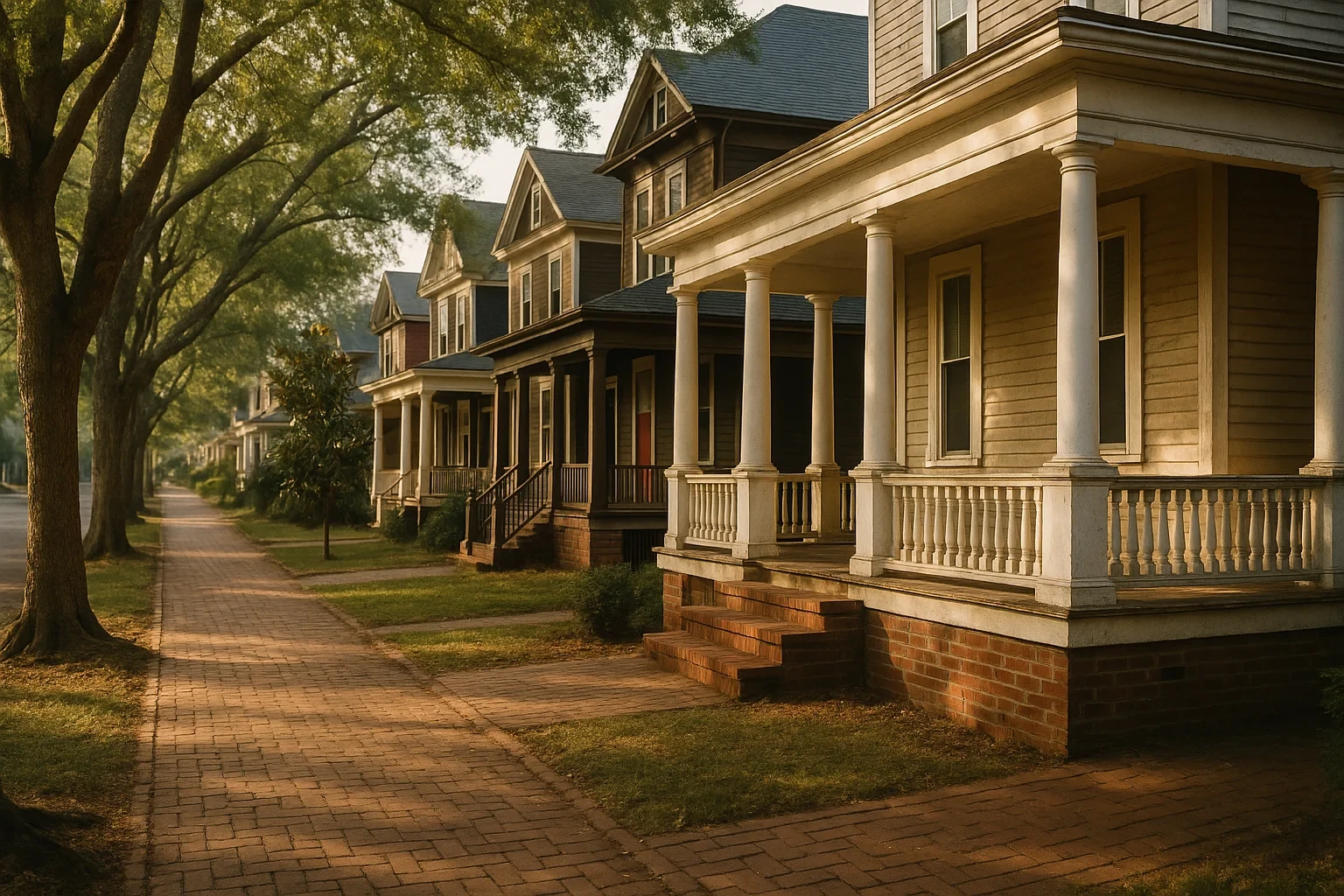 Historic Victorian homes with wraparound porches and brick sidewalks line a tree-shaded South Boston street at sunset