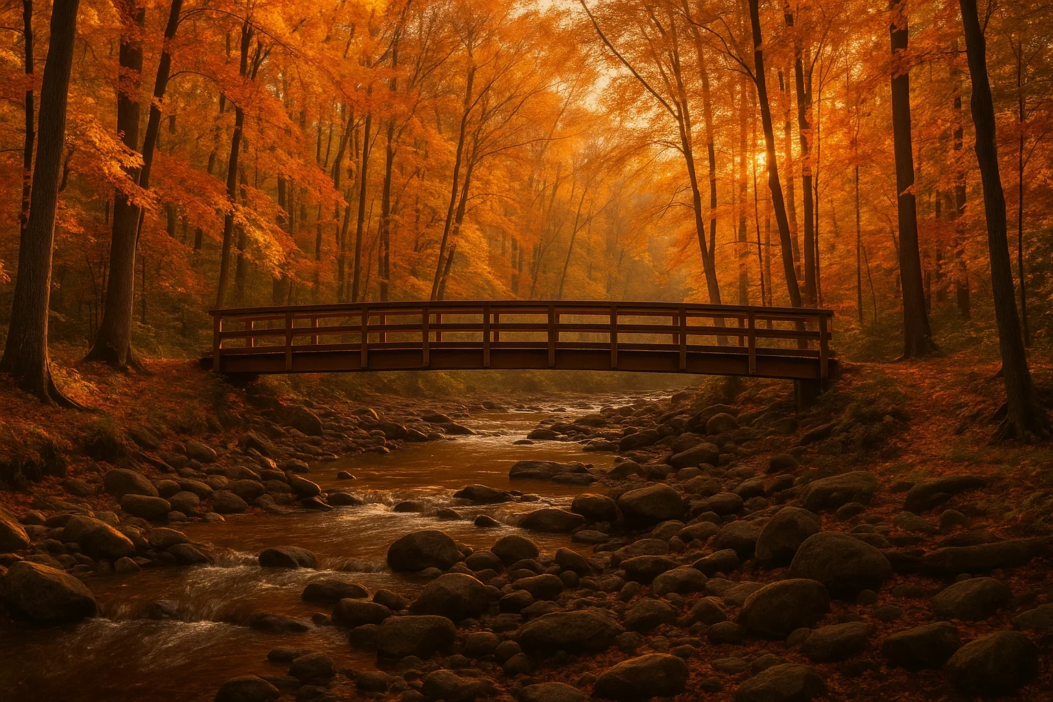 Wooden footbridge over a rocky stream surrounded by glowing autumn foliage at sunset in South Run