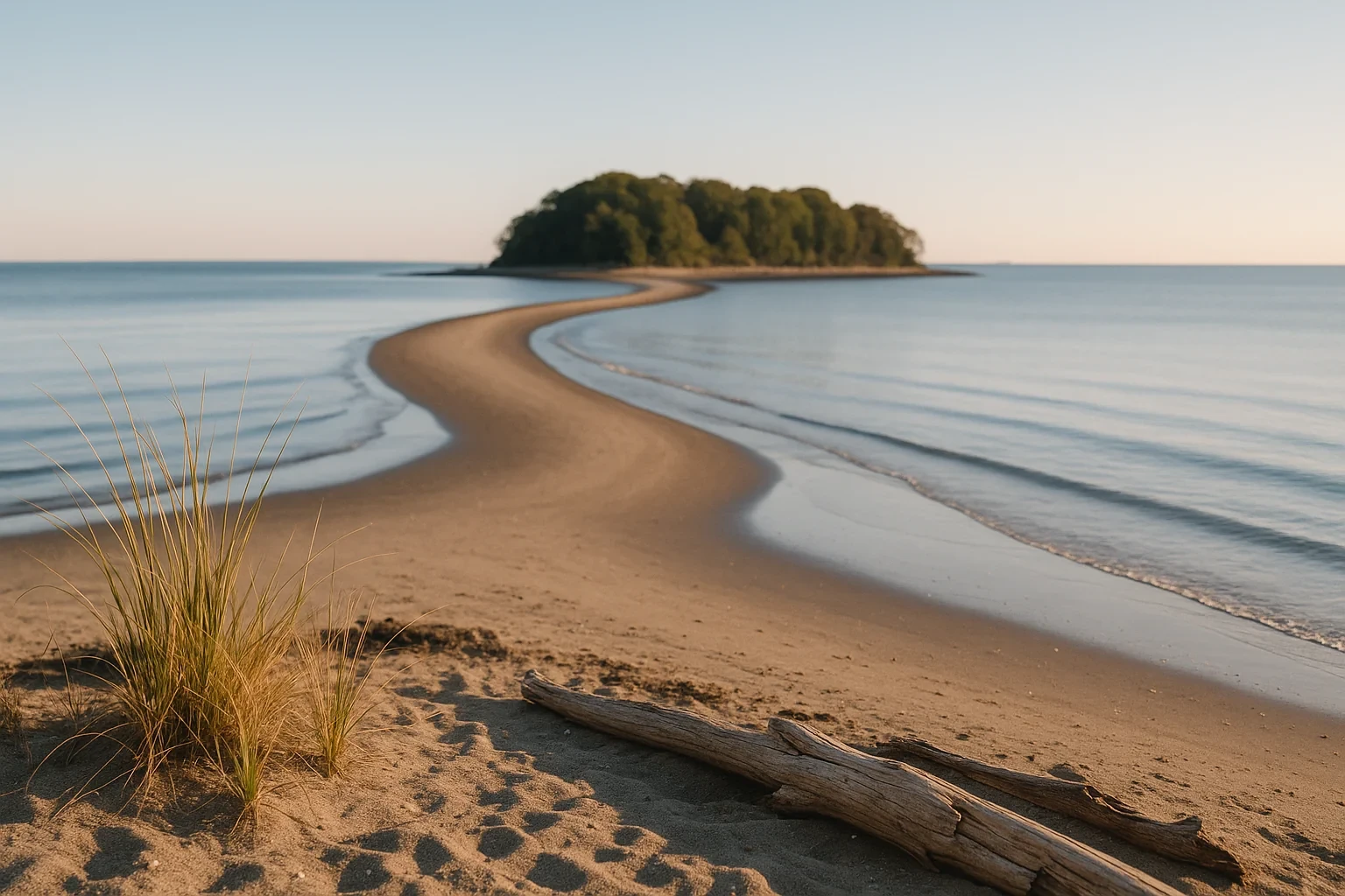 Sandy beach with curving shoreline leading to a tree-covered island at sunrise near Milford