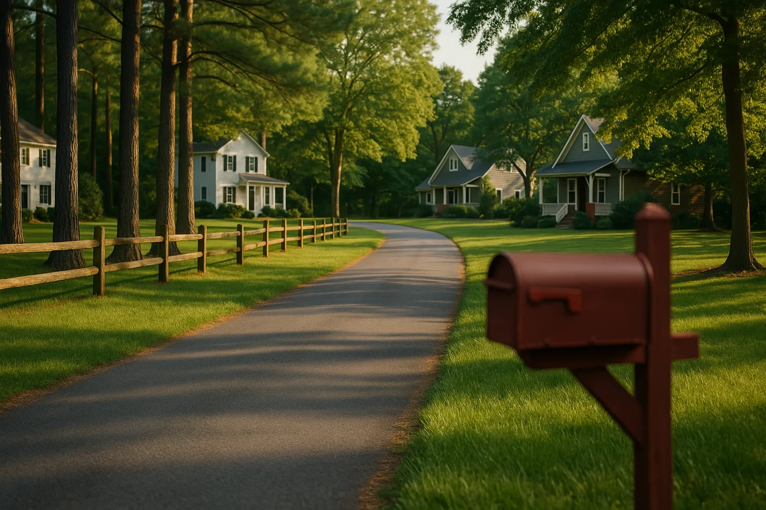 Tree-lined country road with red mailbox, wooden fence, and white homes in a quiet King George neighborhood