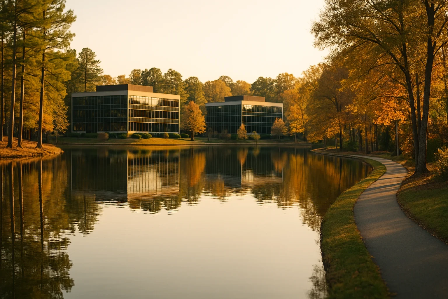 Modern office buildings reflected in a tranquil lake at sunset with autumn trees lining a path in Innsbrook