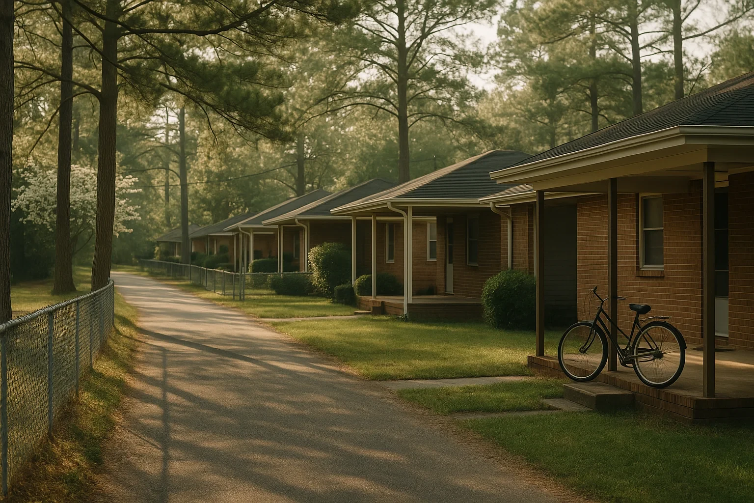 Quiet residential street with brick ranch homes and a bicycle on a porch in a Bensley neighborhood
