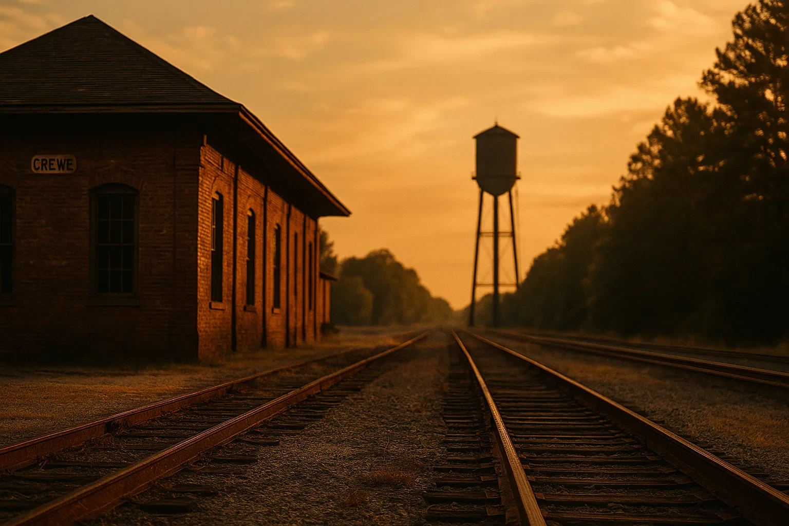 Historic brick railroad depot and water tower at golden sunset along empty train tracks in Crewe