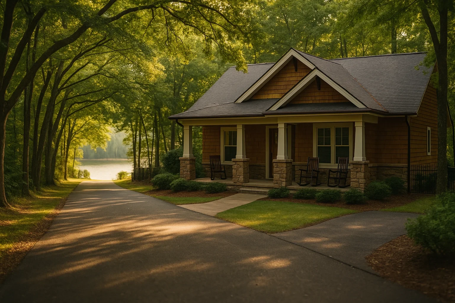 Craftsman-style cottage with rocking chairs on porch overlooking a tree-lined lakeside driveway in Lake Monticello
