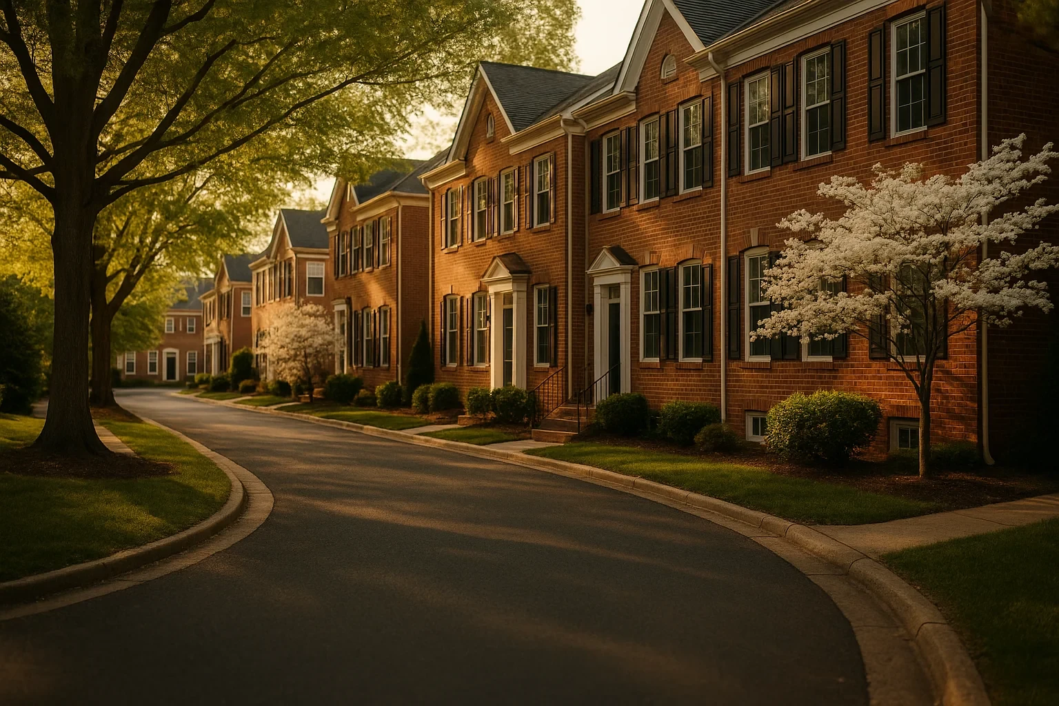 Tree-lined street of brick colonial townhomes with blooming dogwoods at golden hour in Neabsco