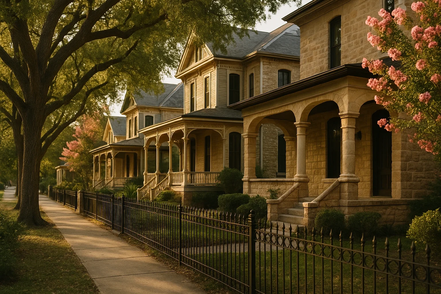 Historic Victorian stone homes with wraparound porches and crepe myrtles line a tree-shaded San Antonio street.