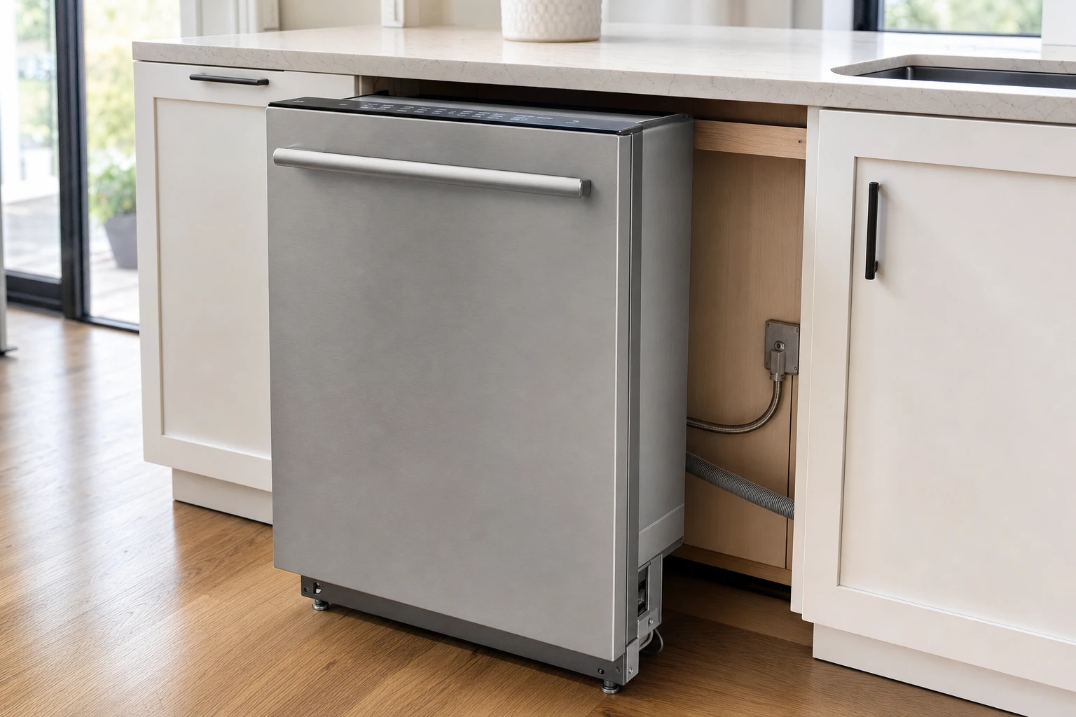 Stainless steel built-in dishwasher pulled out from white kitchen cabinets showing water supply line and drain hose installation