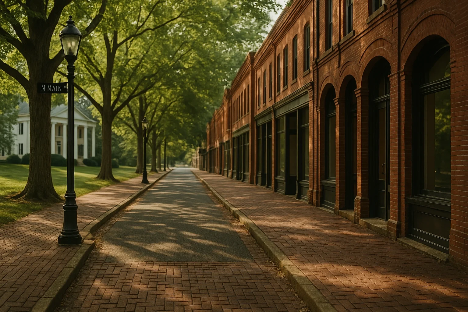 Historic brick-lined Main Street with vintage lampposts and tree-shaded sidewalks in downtown Rocky Mount