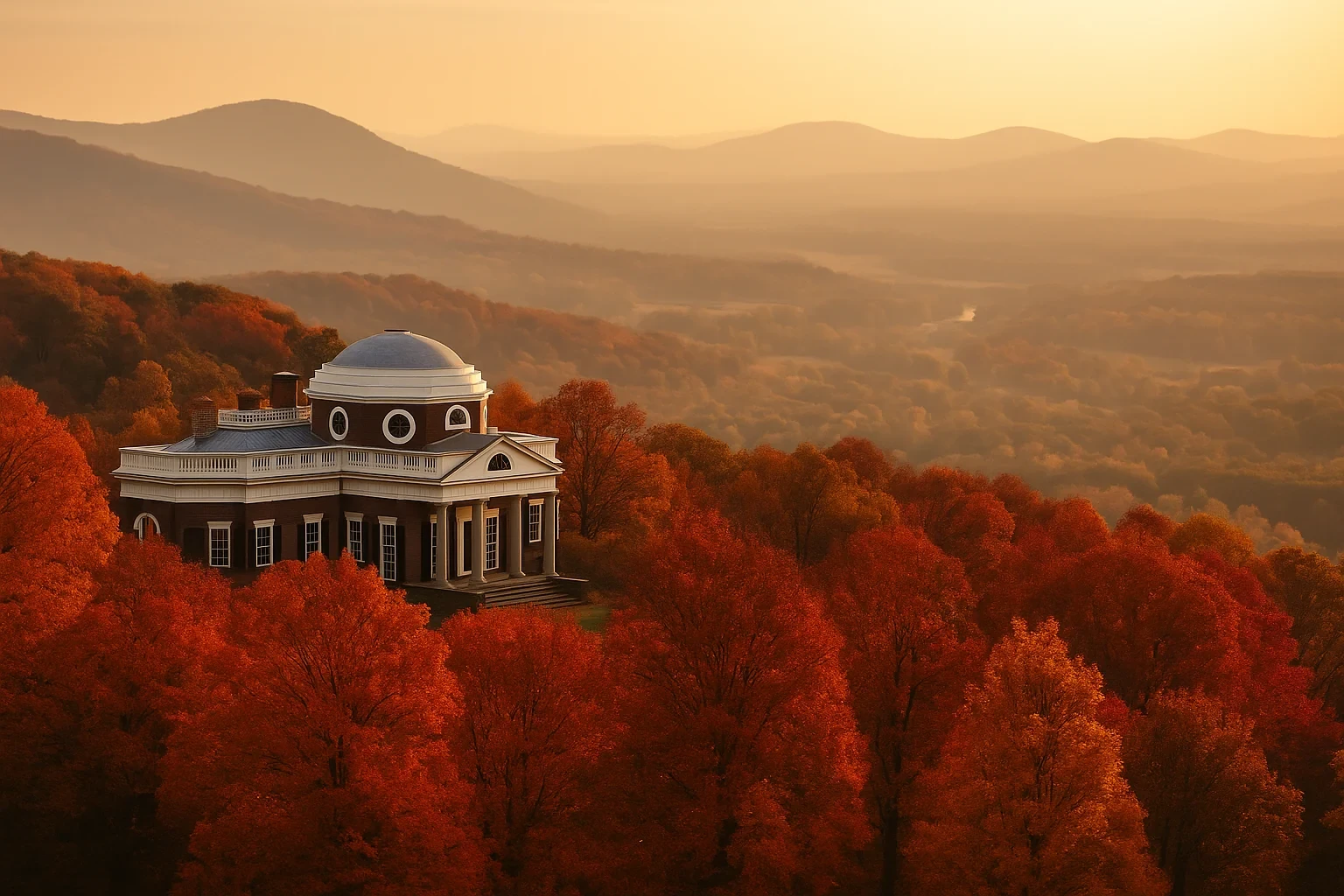Historic domed mansion overlooking autumn foliage and misty Blue Ridge Mountains at sunset near Pantops