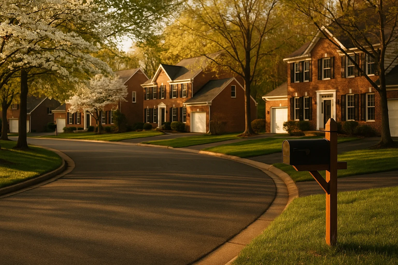 Tree-lined suburban street with brick colonial homes and a black mailbox in a South Run neighborhood