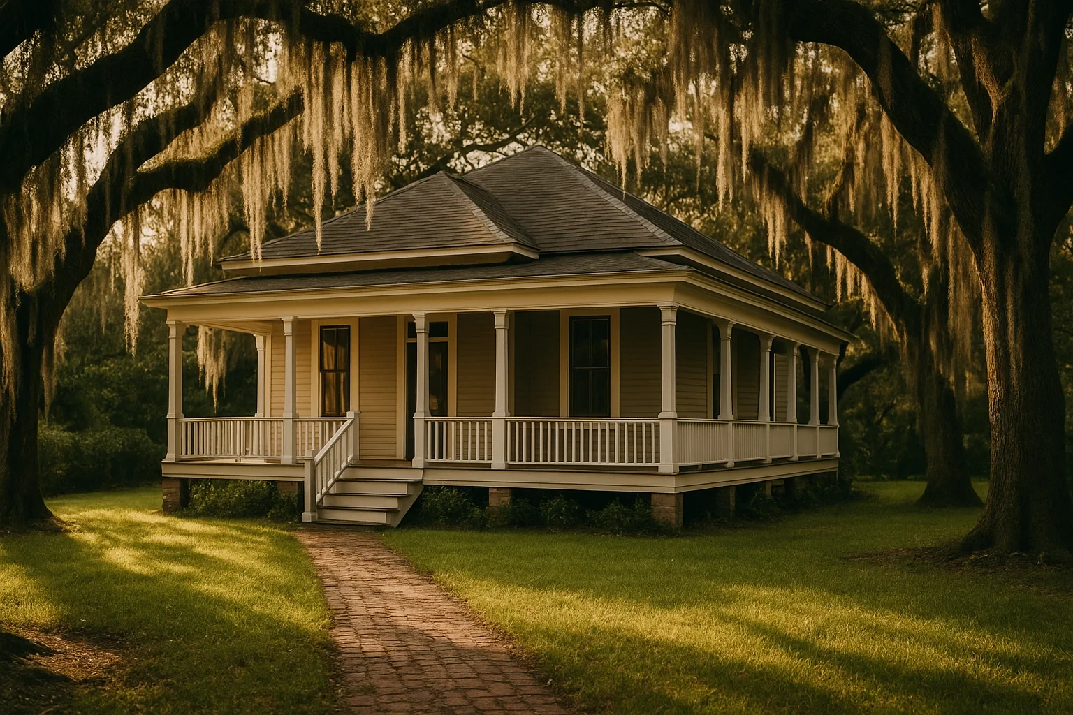 Historic Southern cottage with wraparound porch shaded by mossy oak trees in Houston neighborhood