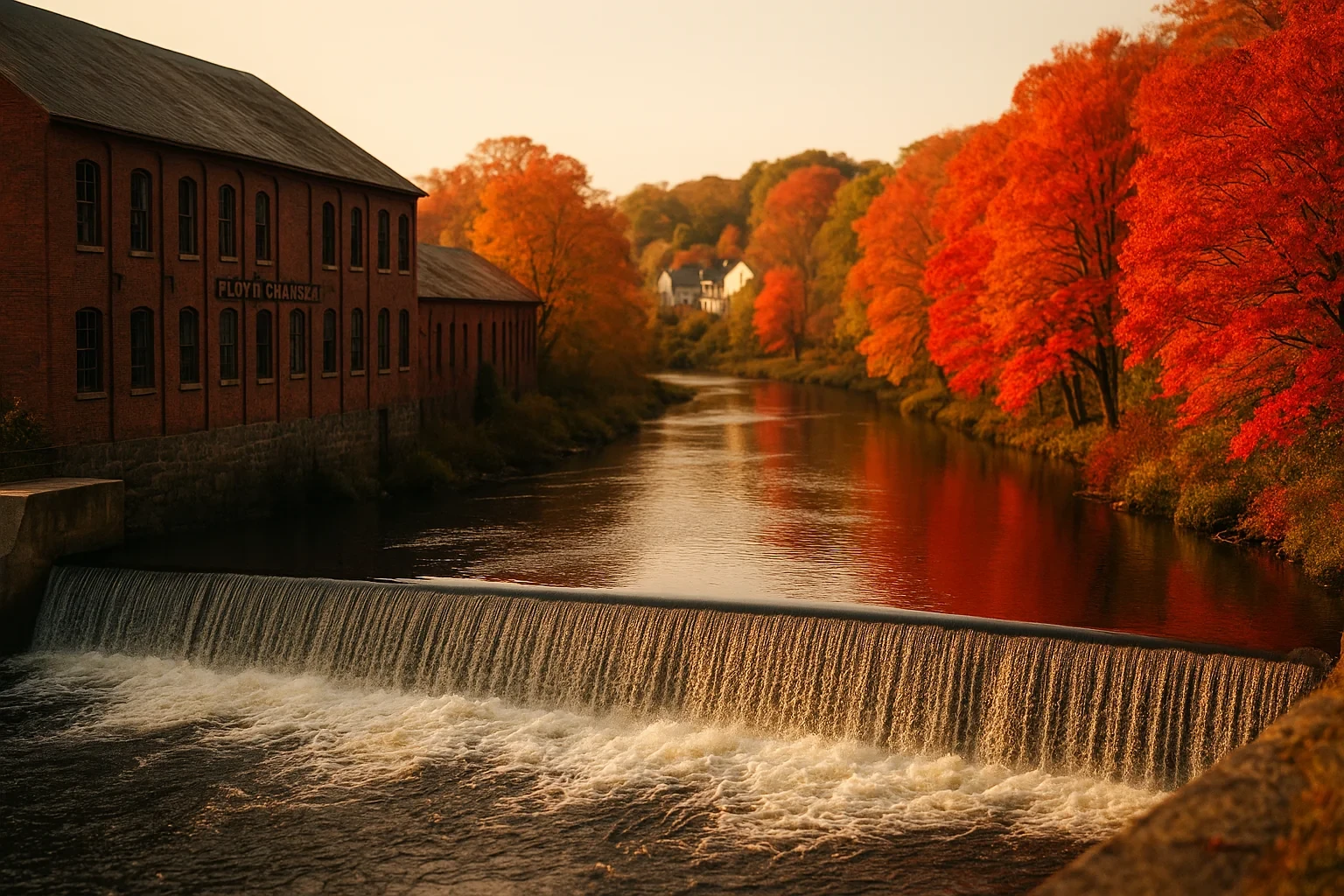 Historic brick mill beside a waterfall dam on a river framed by vibrant autumn foliage in Moosup