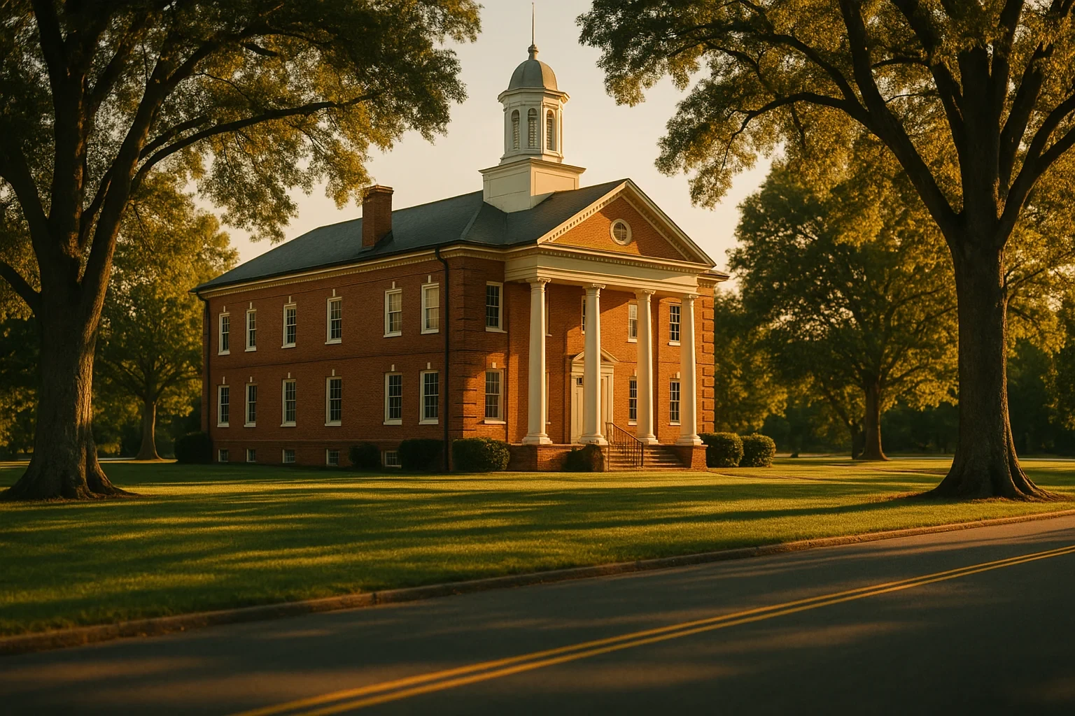 Historic brick courthouse with white columns and cupola surrounded by mature trees at golden hour in Stafford Courthouse