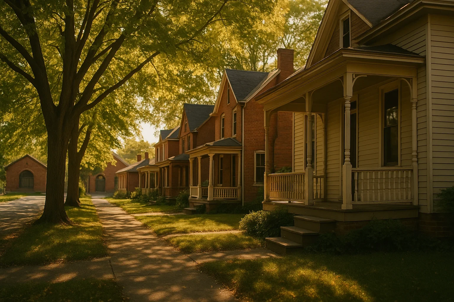 Historic tree-lined street with Victorian homes and covered porches in a charming Christiansburg neighborhood at sunset