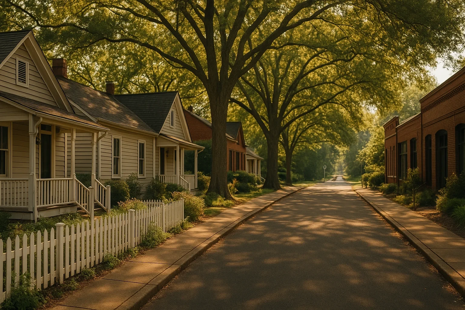Tree-lined residential street in Herndon with white picket fence, cottage homes, and brick buildings.
