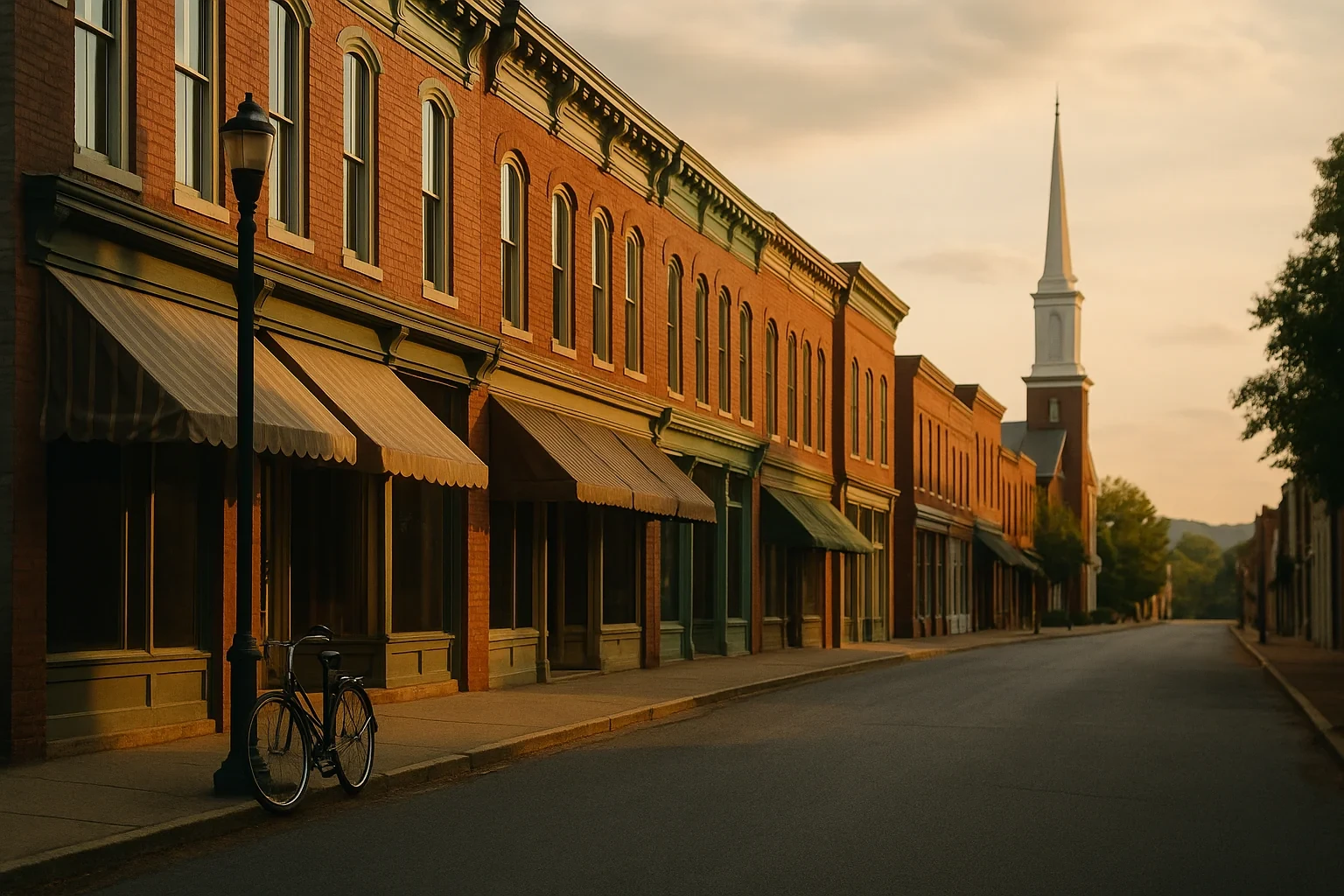 Historic brick storefronts with awnings line a quiet downtown street near a church steeple in Orange