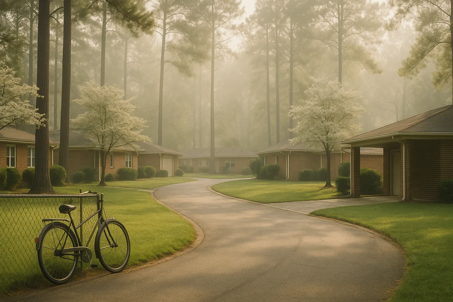 Foggy morning in Bethel Manor neighborhood with brick ranch homes, dogwood trees, and a bicycle by a chain-link fence