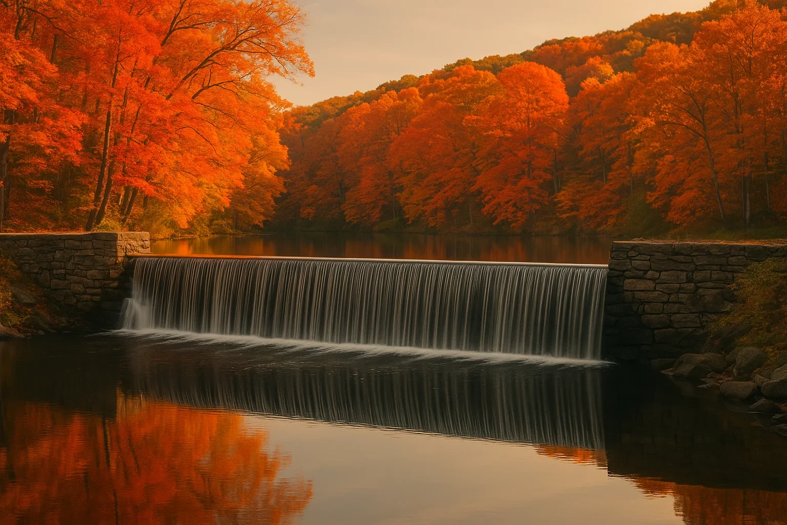 Stone dam waterfall flowing into calm reflective pond surrounded by vibrant orange autumn foliage in Vernon