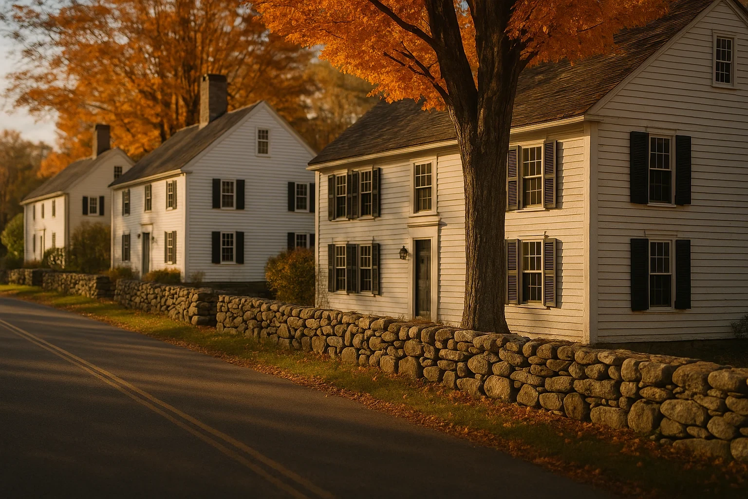Historic white colonial homes with black shutters along stone walls and autumn maple trees in Northwest Harwinton