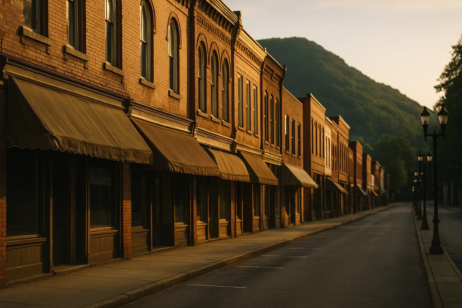 Historic brick storefronts with awnings line an empty downtown street at golden hour in Clifton Forge, mountain backdrop.