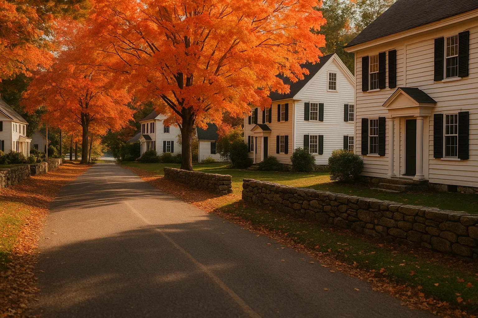 Classic white colonial homes with black shutters along a tree-lined street with vibrant fall foliage in Barkhamsted