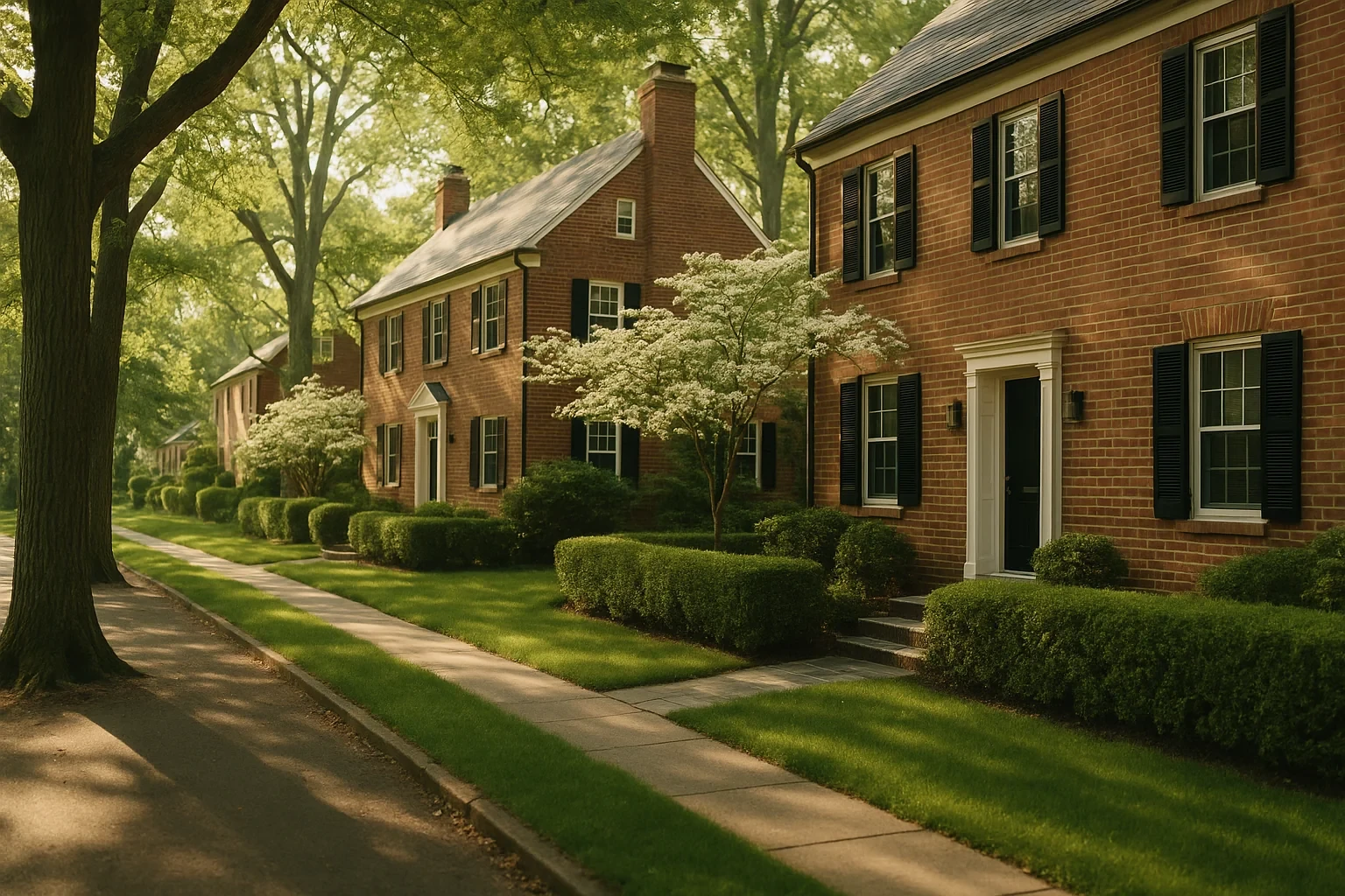 Tree-lined street with brick colonial homes and manicured lawns in a quiet Huntington residential neighborhood
