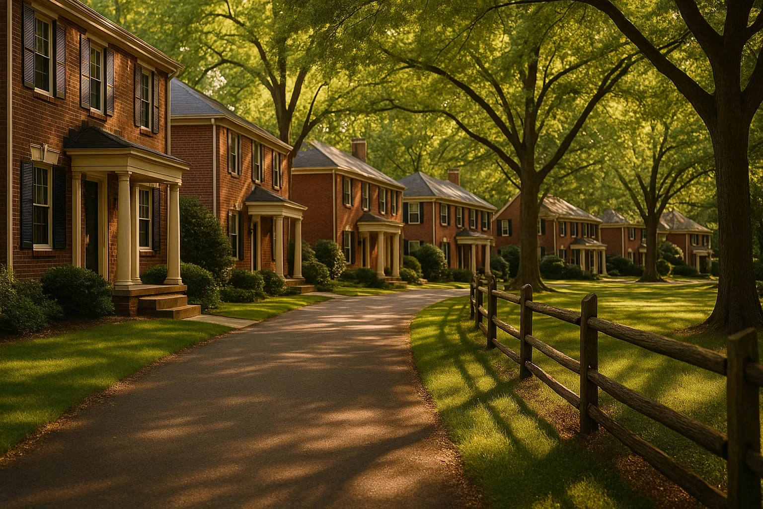 Tree-lined street with brick colonial homes and wooden split-rail fence in a Countryside neighborhood