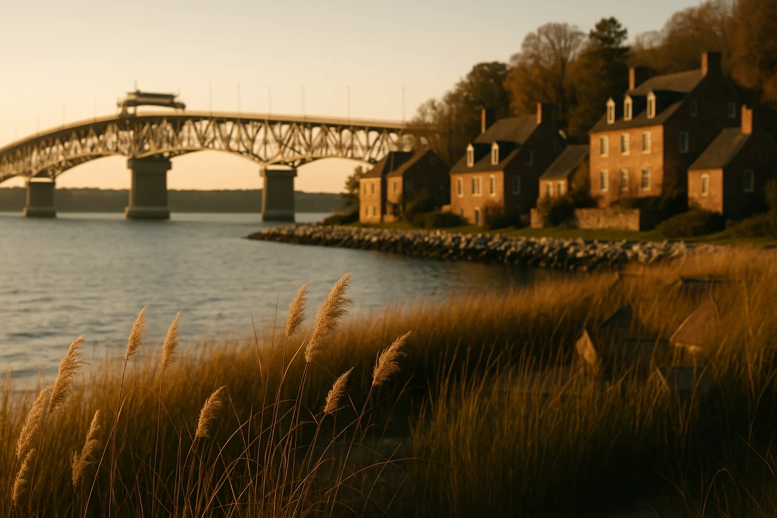 Waterfront view of Bethel Manor at golden hour with arched bridge, historic brick homes, and tall marsh grasses.