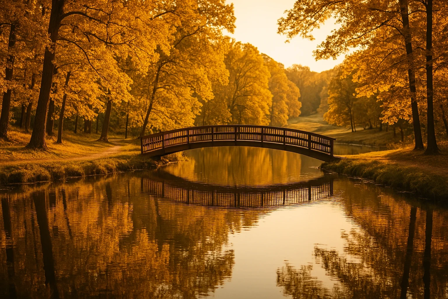 Wooden arched footbridge over calm pond reflecting golden autumn trees at sunset in Franklin Farm
