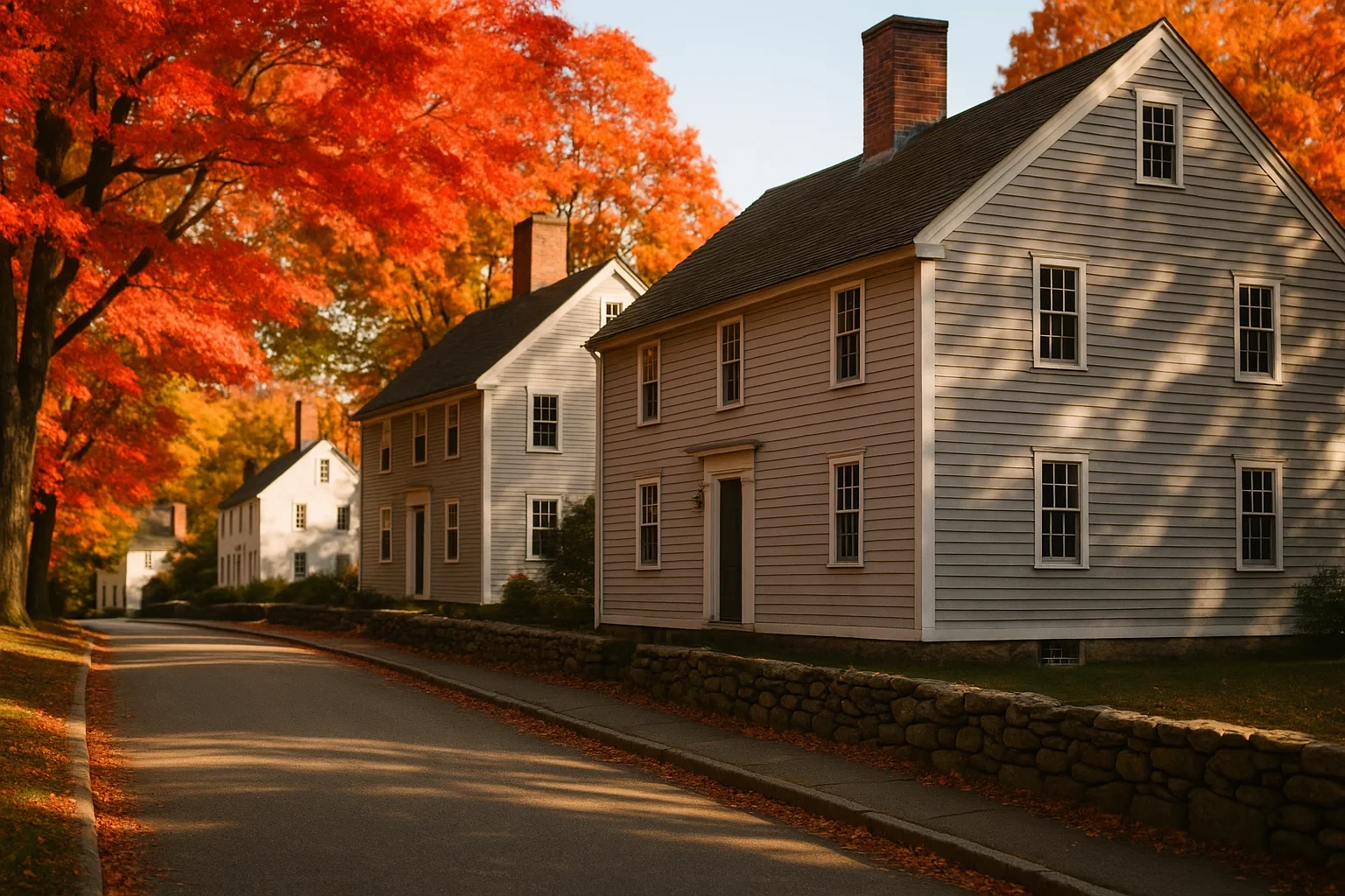Historic colonial clapboard homes line a quiet Norwich street framed by vibrant autumn maple trees and stone walls