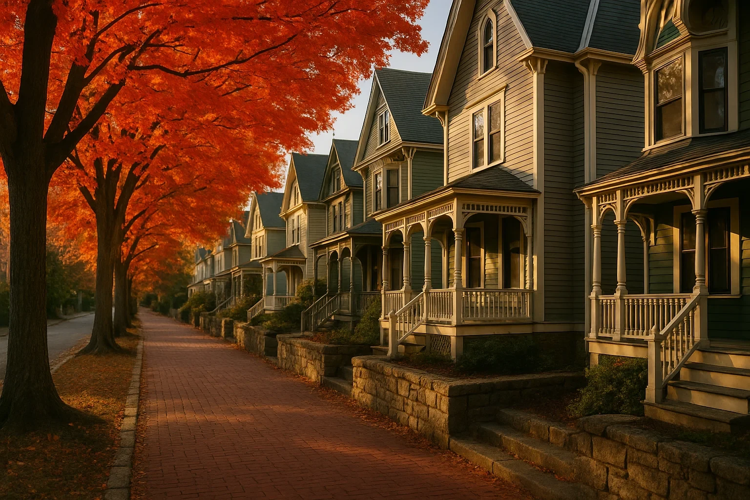 Row of Victorian homes with porches lining a brick sidewalk under fiery autumn maple trees in Bristol